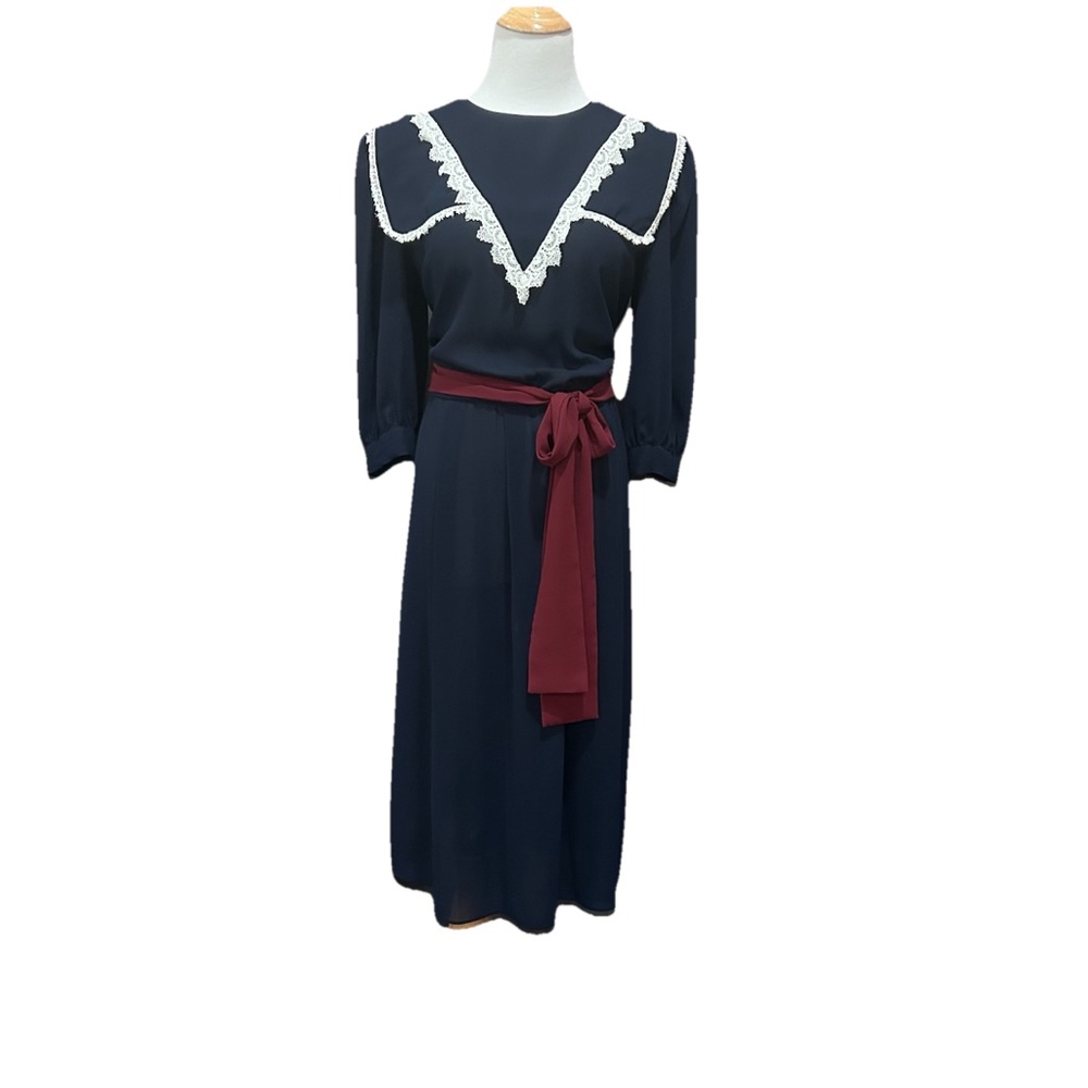 Vintage 80s Navy Midi Sailor  Prairie Dress with White Lace and Burgundy Sash so